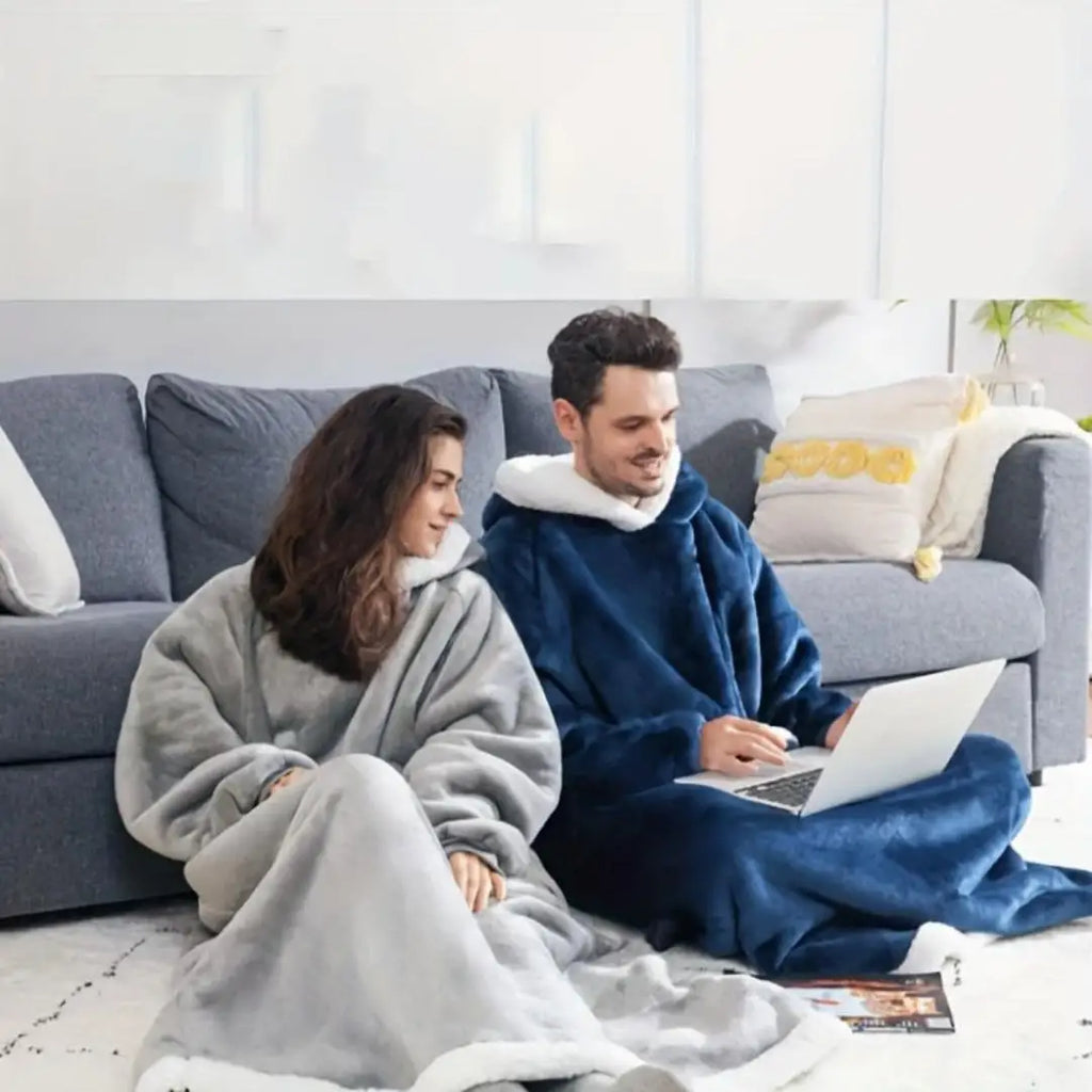 Accappatoio invernale da donna in flanella, extra lungo, con cappuccio e tasche verticali, coperta morbida e foderata in pile, ideale per rilassarsi davanti alla TV.