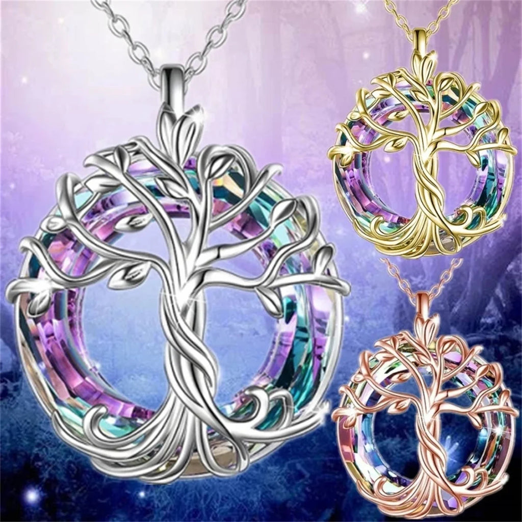 Collana Albero della Vita con Cristallo Circolare, Squisito Ciondolo a Forma di Albero Genealogico, Gioiello Regalo per Donne, Mamma, Figlia