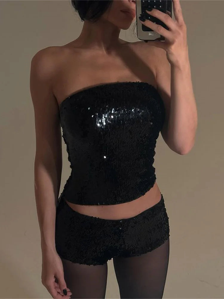 Ahagaga Sexy Club Paillettes Abiti da donna Set Moda Solid Slim Avvolgente Petto Tute senza maniche 2 pezzi (Top + Pantaloni corti)