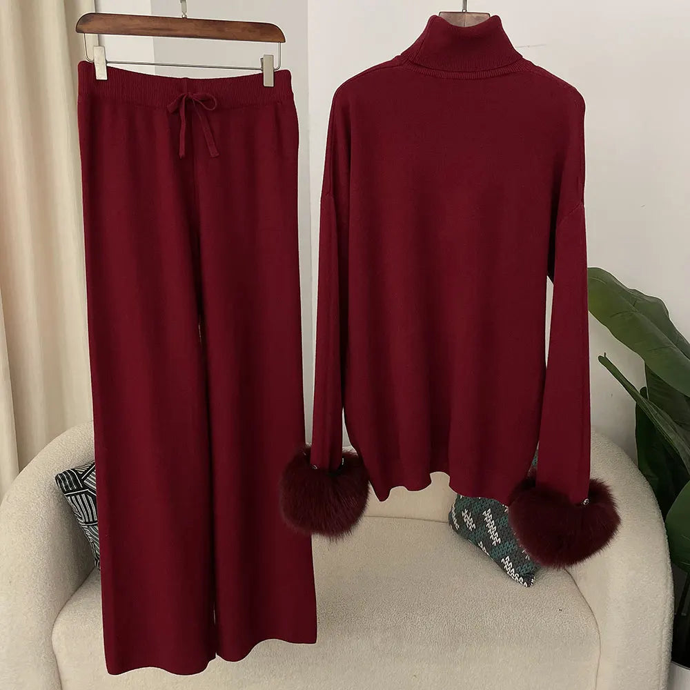 2024 nuova moda autunno inverno polsini in vera pelliccia di volpe naturale cappotto maglione lavorato a maglia pantaloni lunghi da donna set giacca spessa calda