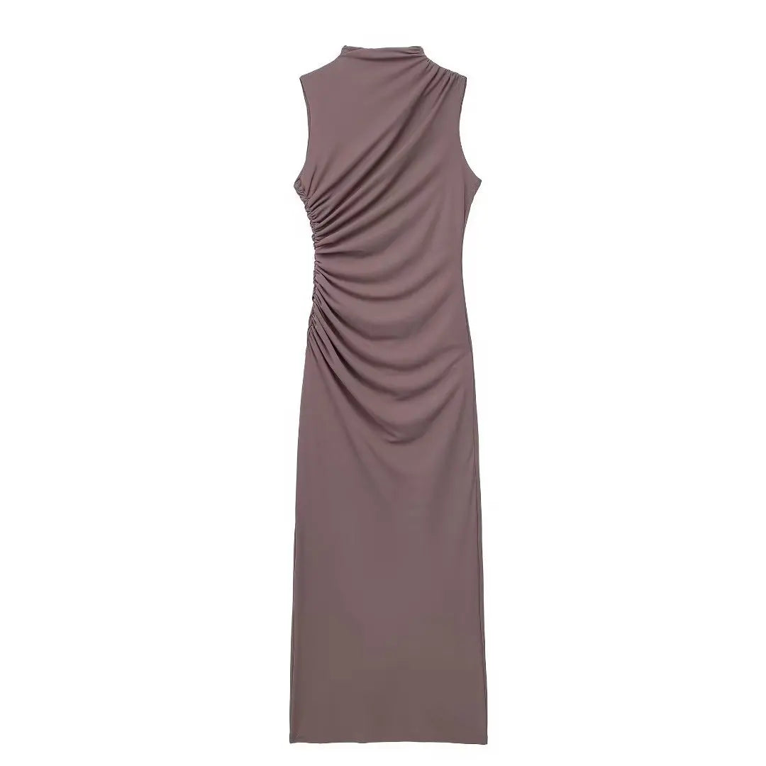 Abito da donna solido pieghettato O collo Slim Hip Package abiti lunghi da donna 2024 moda senza maniche Summer Evening Party abito femminile