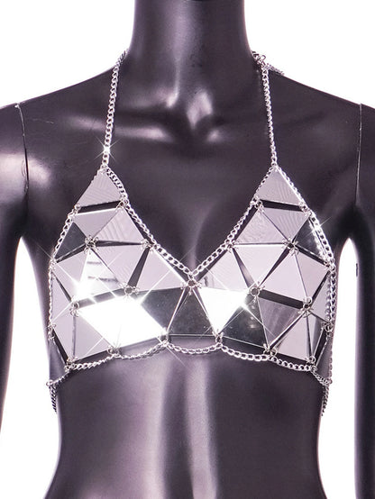 Sexy Summer Beach Women Metal Chain Hollow Sparkly Diamond Sequins Tank Top Short Halter Camis Exotic club Party Crop Tops vests