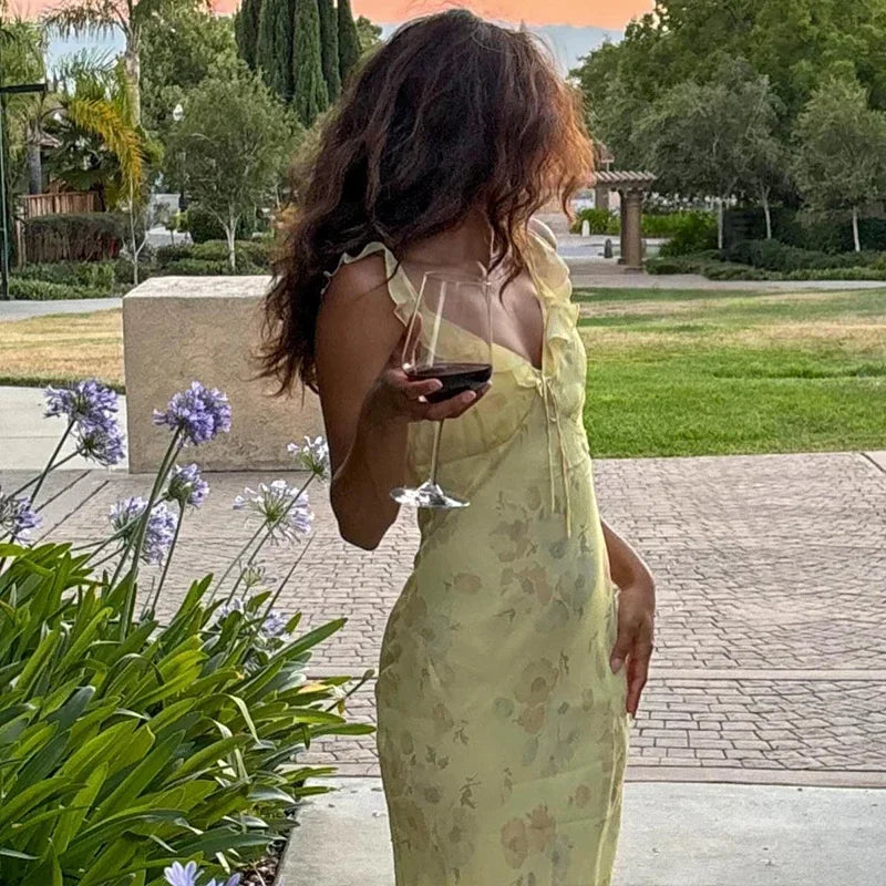 Abiti retrò con scollo a V Abito lungo maxi con stampa floreale gialla senza maniche Abiti eleganti da festa femminili a vita alta