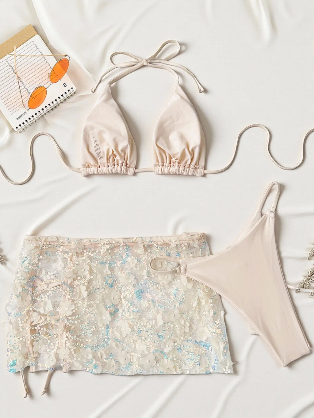 Costume da bagno a 3 pezzi con gonna in rete rosa con paillettes, reggiseno push-up e perizoma, stile brasiliano, per donna, ideale per le vacanze.