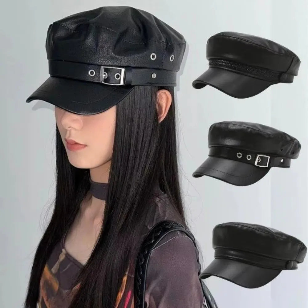 Berretto Classico a Tesa Piatta in Pelle PU Nera, Cappello da Marinaio con Visiera, Stile Punk, Regolabile, Cappello da Pittore