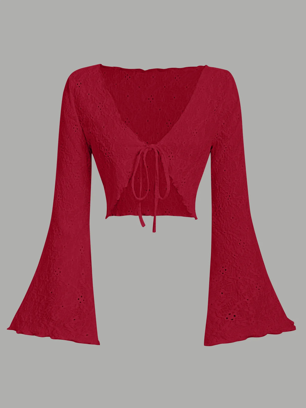 Cardigan Corto da Donna con Maniche a Campana in Pizzo Traforato, Scollo a V con Laccio Frontale, Bordo Ondulato, Nero Tinta Unita, Copricostume Estivo, Top Shrug