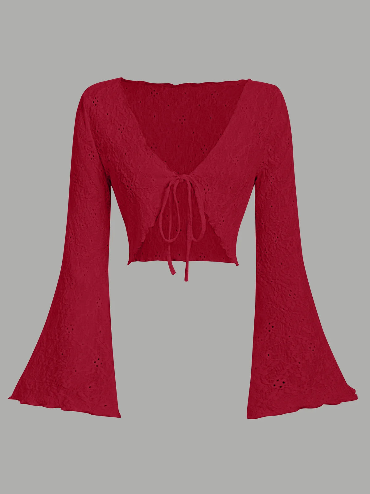 Cardigan Corto da Donna con Maniche a Campana in Pizzo Traforato, Scollo a V con Laccio Frontale, Bordo Ondulato, Nero Tinta Unita, Copricostume Estivo, Top Shrug