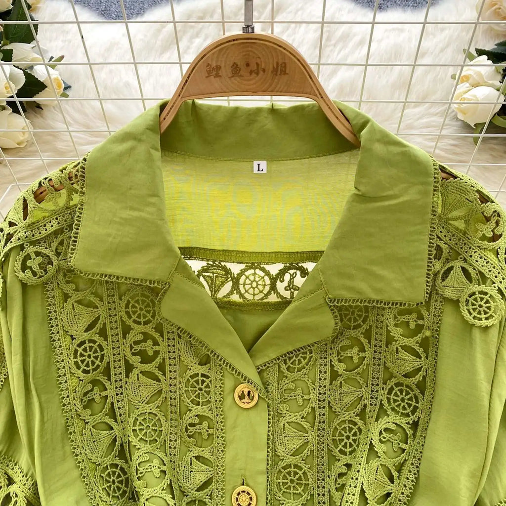 Abiti midi scavati di lusso Camicia da donna Vacanza estiva Elegante bottone monopetto Cintura in pizzo Ricamo Vestido lungo da festa