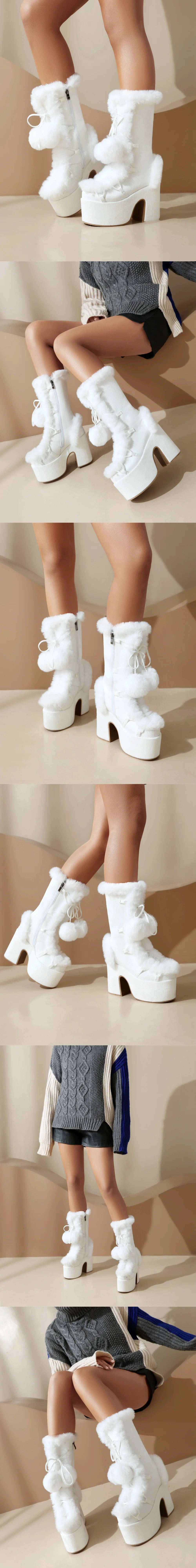 Big Size 46 Winter y2k Pink Knee High Boots Women White Chunky Platform Boots Gothic Black Faux Fur Block High Heels Boots Shoe