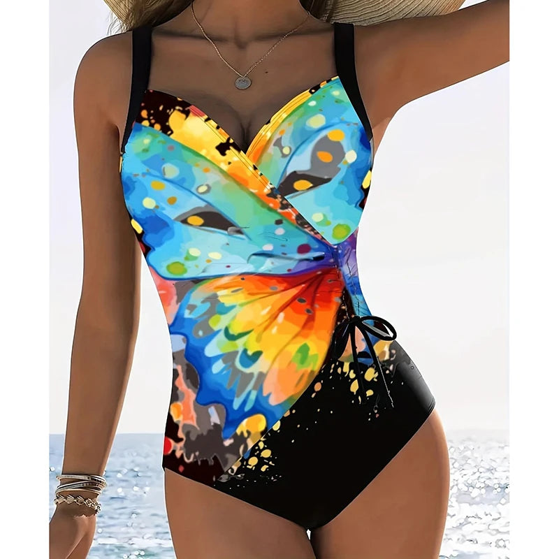 Printing V Neck Swimming Suit for Women Fashion Slim Side Drawstring Bathing Suit Bodysuit Female One Piece Swimsuit Beachwear