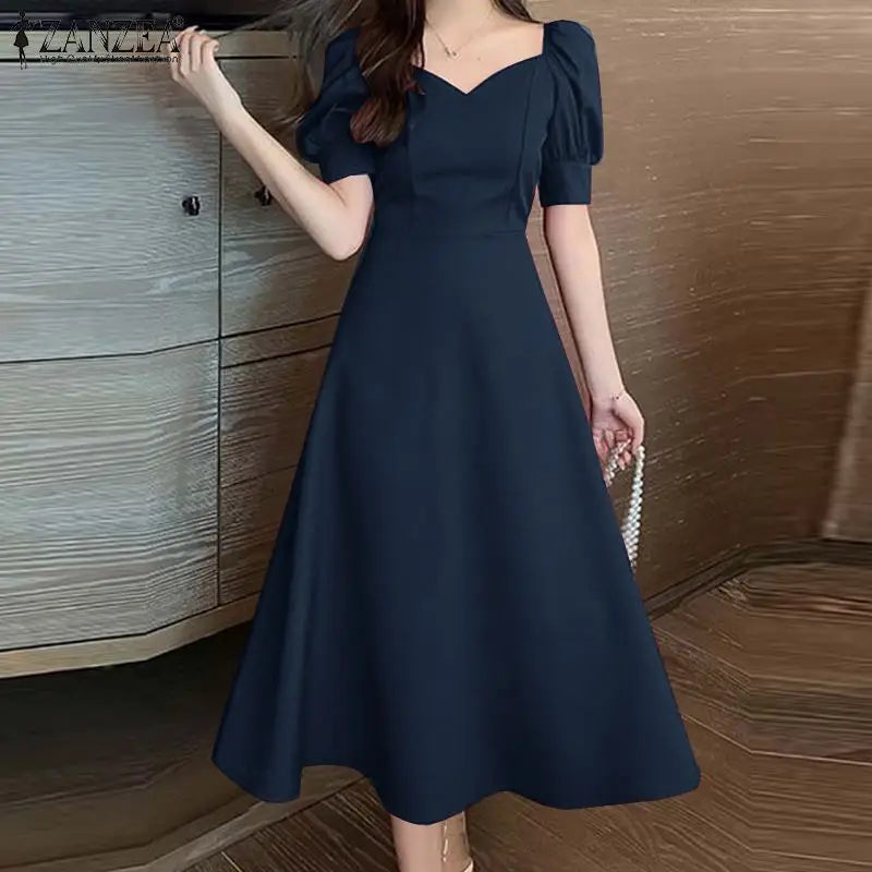 ZANZEA Vita elegante Abiti da festa Abito da sera vintage Donna Puff Manica corta A-line Robe 2024 Abiti da sposa estivi Midi