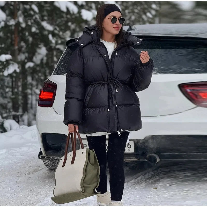 Giacca invernale da donna con cappuccio, calda, con cintura in vita regolabile, maniche lunghe, chiusura con zip, cappotto imbottito da donna, moda 2026, parka spessa da donna