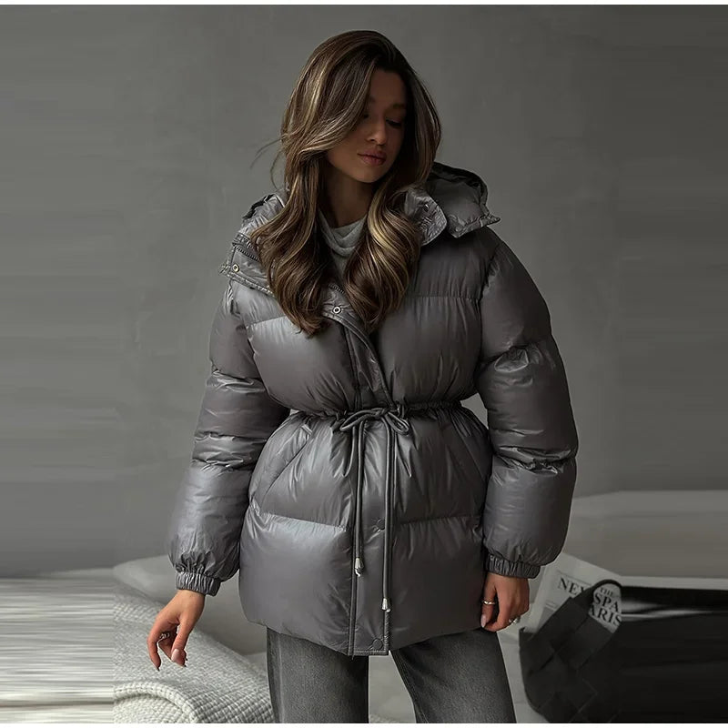 Giacca invernale da donna con cappuccio, calda, con cintura in vita regolabile, maniche lunghe, chiusura con zip, cappotto imbottito da donna, moda 2026, parka spessa da donna