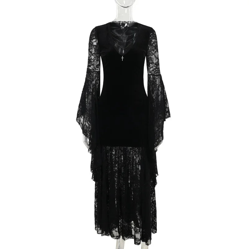 Y2K Goth floreale pizzo maglia manica svasata aderente abiti da festa sexy vintage elegante velluto nero con scollo a V abito lungo partywear