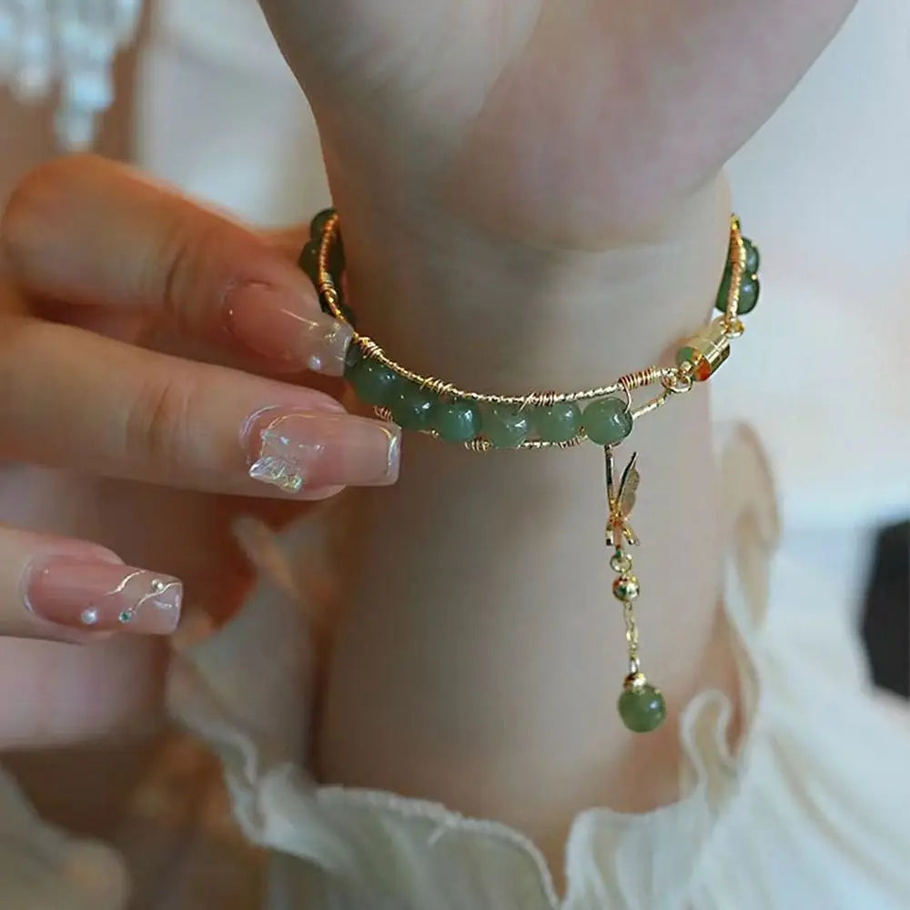 Bracelet perles rondes de jade pour femmes, manchette magnétique, pendentif papillon, chaîne de main, bijoux raffinés en émeraude, cadeau d'anniversaire