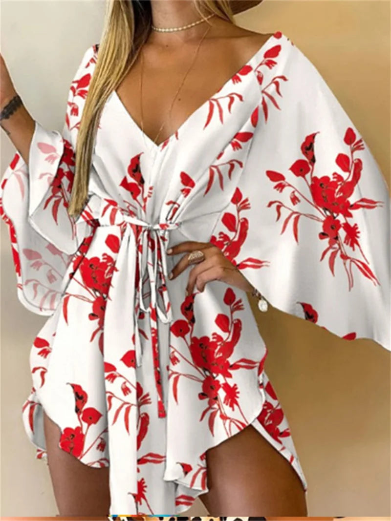 Abito da donna con stampa sexy scollo a V manica a pipistrello con volant fiori stampa Bohemian Beach vestito estivo da donna mini abiti larghi per le vacanze estive