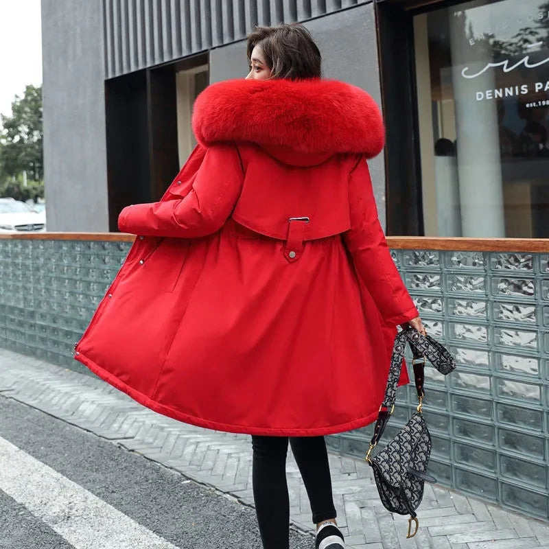 Giacca Invernale 2026 Nuova Parka da Donna Cappotto Lungo con Fodera in Lana Giacca con Cappuccio Collo in Pelliccia Spessa e Calda Abbigliamento da Neve Parka Imbottito 6XL