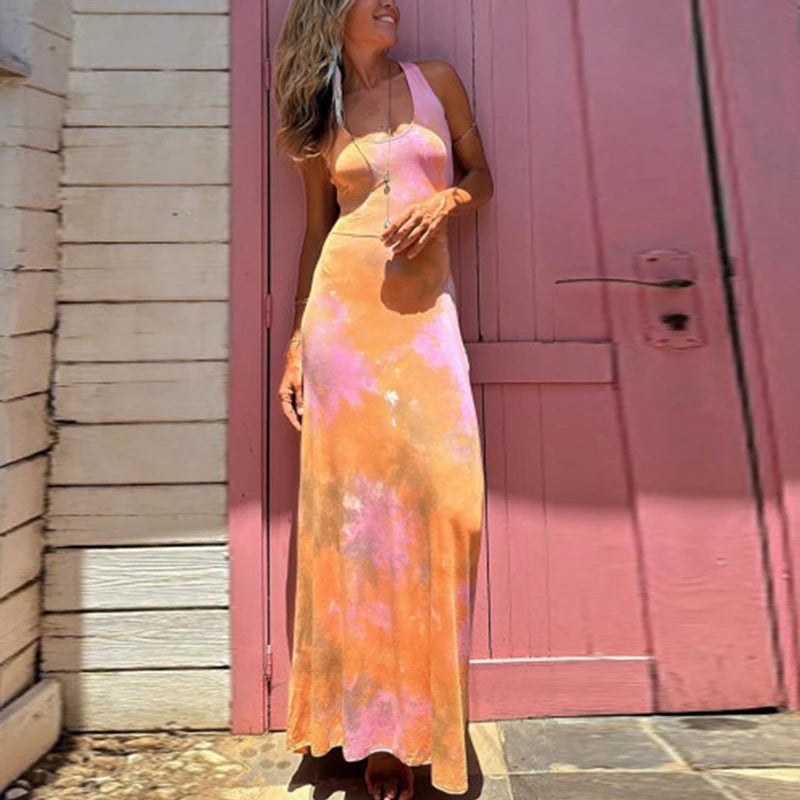Robe longue d'été sexy, robes de plage d'été pour femmes, élégante robe de soirée imprimée tie-dye sans dos 2024