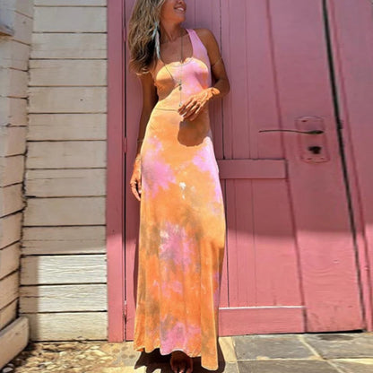 Robe longue d'été sexy, robes de plage d'été pour femmes, élégante robe de soirée imprimée tie-dye sans dos 2024