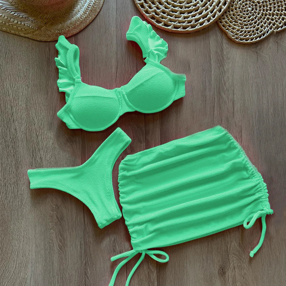 Costume da bagno a vita bassa in tessuto ondulato solido copricostume per donna costume da bagno Push Up con volant a tre pezzi 2023 costumi da bagno da spiaggia