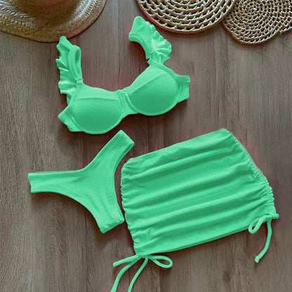 Costume da bagno a vita bassa in tessuto ondulato solido copricostume per donna costume da bagno Push Up con volant a tre pezzi 2023 costumi da bagno da spiaggia