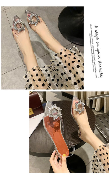 Sandali con tacco alto a punta da donna estivi Pantofola in vetro trasparente Tacco spesso Scarpe alla moda a forma di vetro da vino