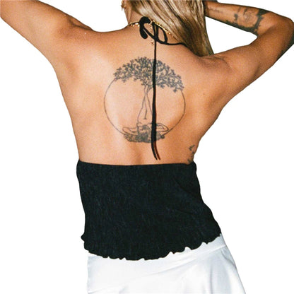 Haut court sexy d'été avec nœud papillon et lacets, sans manches, gilet court élégant pour jeunes femmes, mode épaules dénudées 2024 Nouveauté