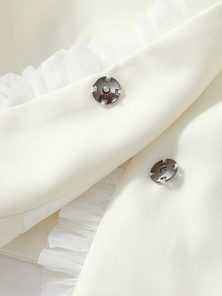 Completo di Top Corto e Gonna Midi in Tulle Bianco, Lussuoso, con Scollo a V, Maniche Lunghe a Sbuffo, Vestibilità Slim, Collezione Primavera 2026, per Appuntamenti e Ufficio