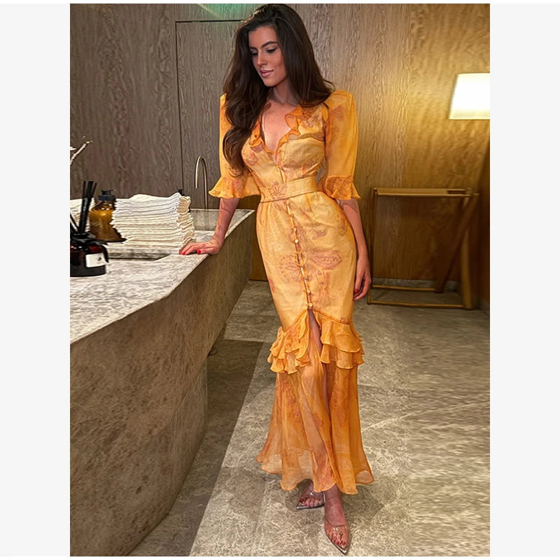 Elegante Abito Stampato con Inserti in Pizzo da Donna, Scollo a V Profondo, Mezza Manica, Vita Stretta, Spacco, Vestito Midi 2026, Abito da Festa per Donna