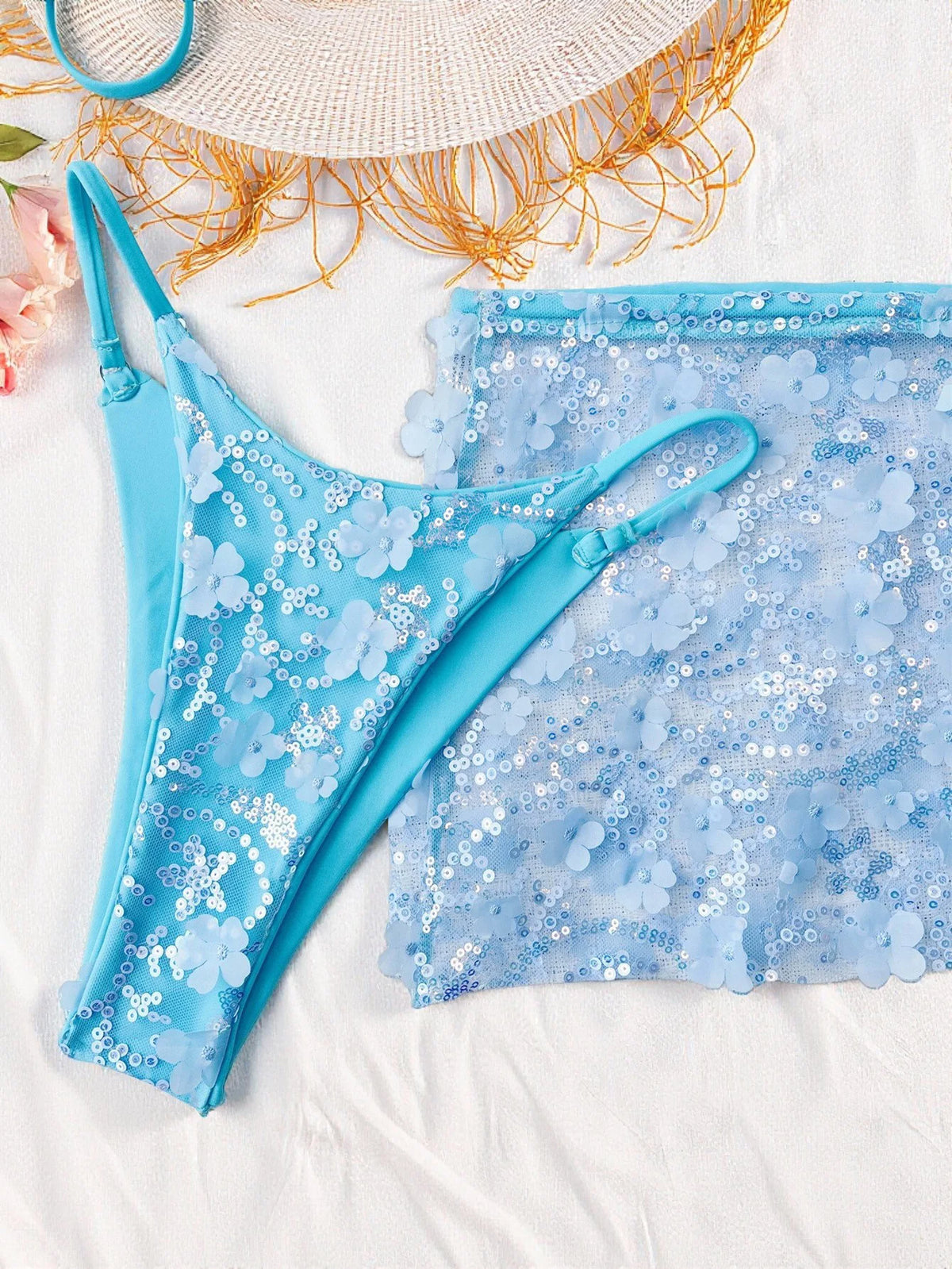 Costume da bagno a 3 pezzi con gonna in rete rosa con paillettes, reggiseno push-up e perizoma, stile brasiliano, per donna, ideale per le vacanze.