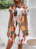 Abito estivo da donna Moda Geometri Stampato Abiti a maniche corte 2025 Party Elegante vestito estivo Casual Camicie con risvolto con bottoni Abito
