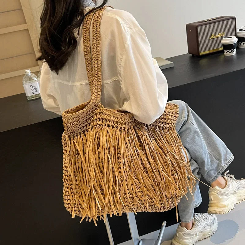 Borse a tracolla da donna in tessuto con nappe casual Borse da donna con frange fatte a mano Borsa tote grande da spiaggia estiva Borsa shopper grande per le vacanze
