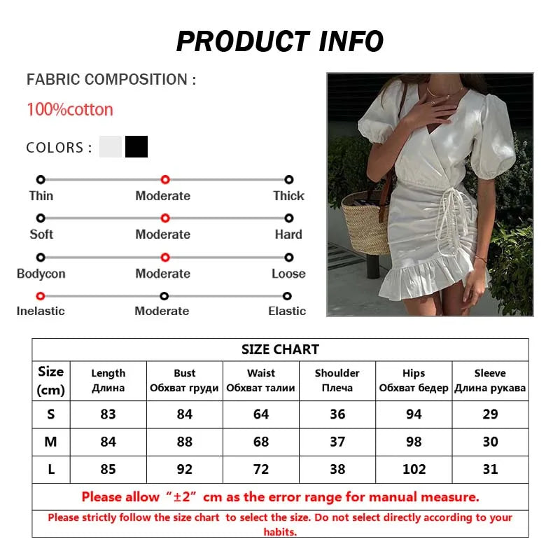 Oymimi Abito da donna casual in cotone bianco Elegante scollo a V Manica corta Abiti stringati Mini abiti a pieghe a vita alta
