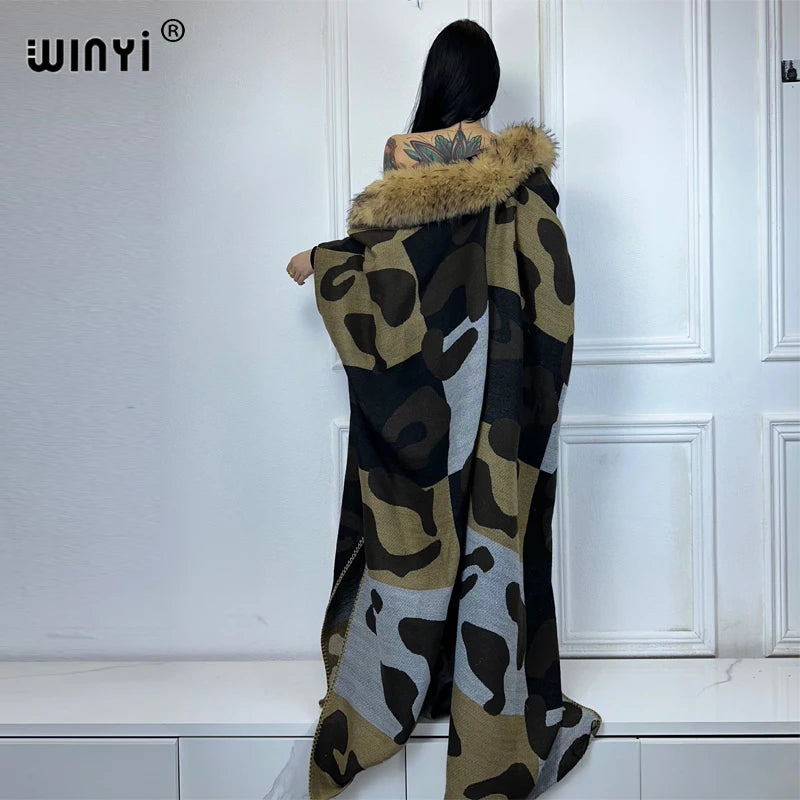 WINYI Africa Collo in pelliccia artificiale Cardigan invernale maxi kimono vestito da festa abaya dubai luxur abiti invernali per donna piumino