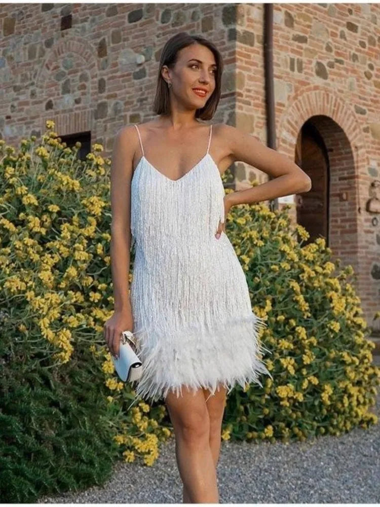 Abito estivo elegante con nappe e paillettes Abito da donna sexy sottile senza maniche con scollo a V a vita alta con bretelle e cuciture in piume