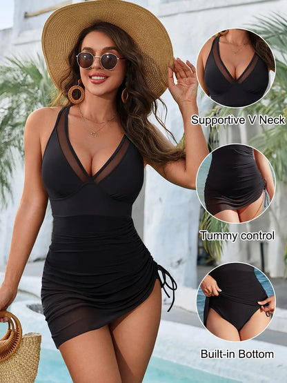 Women One Piece Swim Dress V Neck Tummy Control Swimsuits Slimming Mesh Sheer Sarong Ruched Wraps Bathing Suit