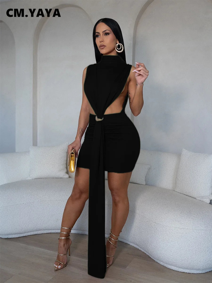 CM.YAYA Donne O-Collo Increspato Impilato Aderente Midi Mini Vestito 2025 Estate Di Compleanno Festa di Sera Club Abiti Sexy Chic Abiti