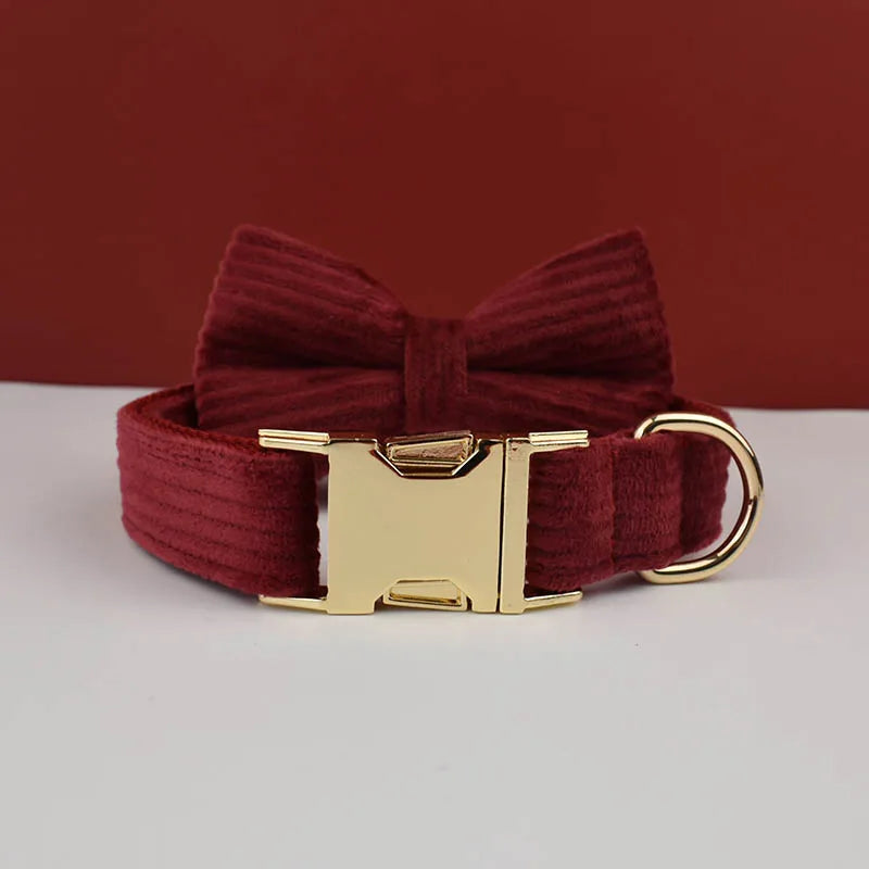 Set Collare e Guinzaglio per Cani in Corduroy Rosso Vino con Targhetta Personalizzata Incisa, Accessori per Animali Domestici