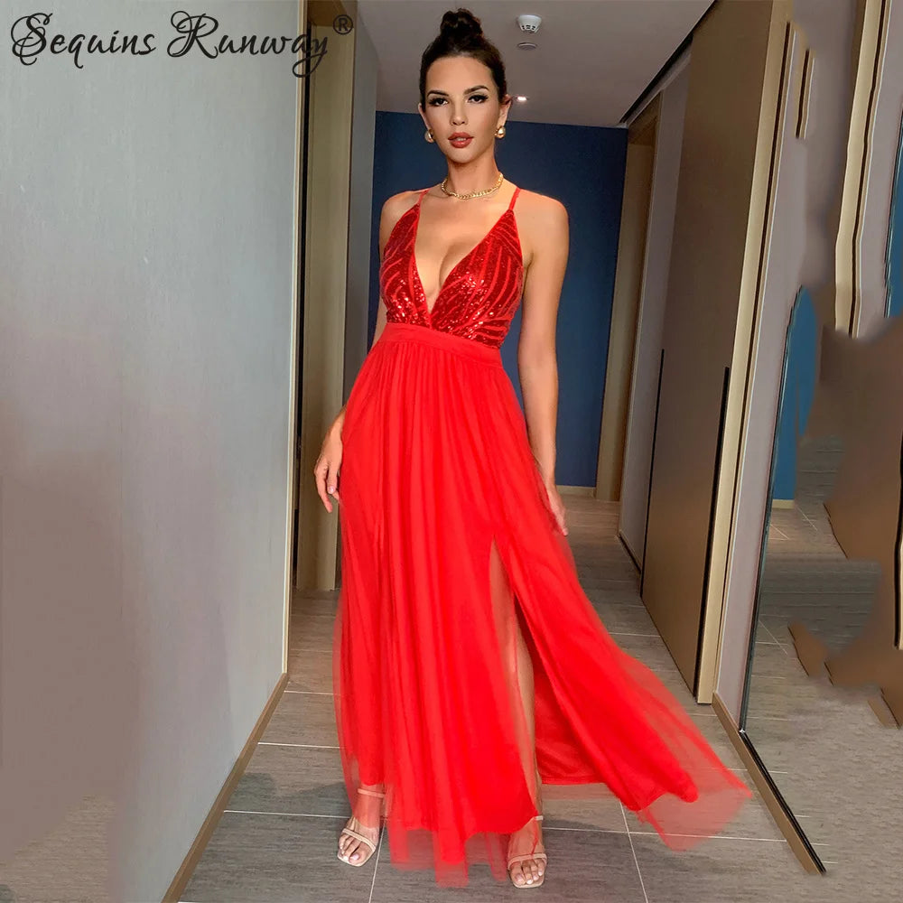 Sexy slip senza schienale Corsetto con paillettes maxi abito estivo da donna maglia lunga aderente rosso abito da festa di Natale abiti da sera da damigella d'onore