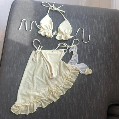 Nuovo con Sarong Halter Bikini arruffato costumi da bagno donna costume da bagno donna tre pezzi Bikini set bagnante costume da bagno Swim Lady K4144