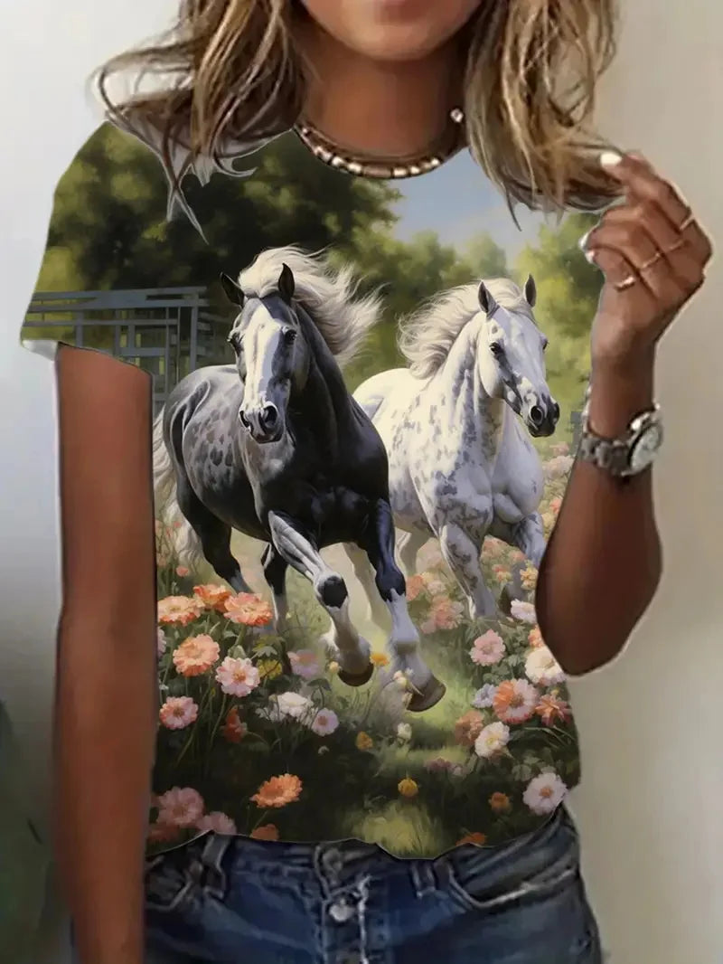 T-shirt girocollo casual da donna con stampa cavallo unica T-shirt estiva a maniche corte con grafica cavallo per uomo Novità in magliette
