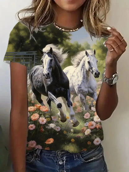 T-shirt girocollo casual da donna con stampa cavallo unica T-shirt estiva a maniche corte con grafica cavallo per uomo Novità in magliette