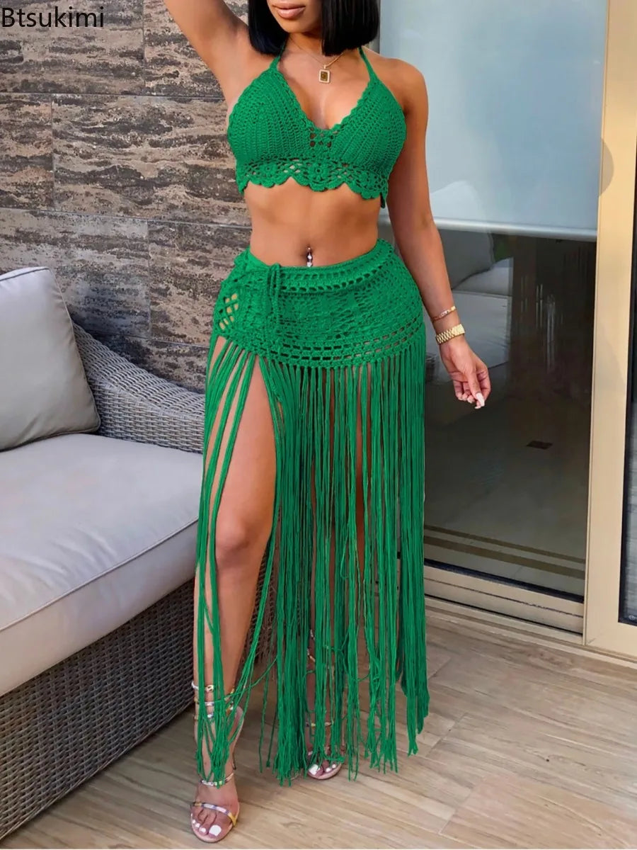 Neue zweiteilige Damen-Badeanzüge Strand-Stil gestrickte Bikini-Oberteile High Waist Quasten lange Röcke weibliche sexy Cover Up Bikini-Sets