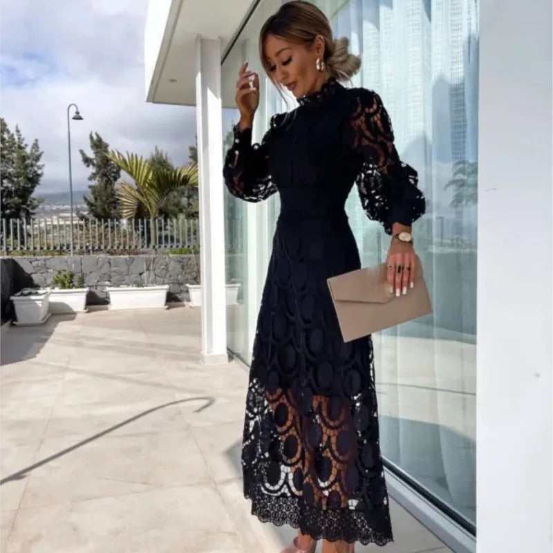 Abito lungo con maniche a sbuffo in pizzo da donna 2025 Primavera elegante nuovi abiti slim a vita alta con colletto alla coreana alla moda