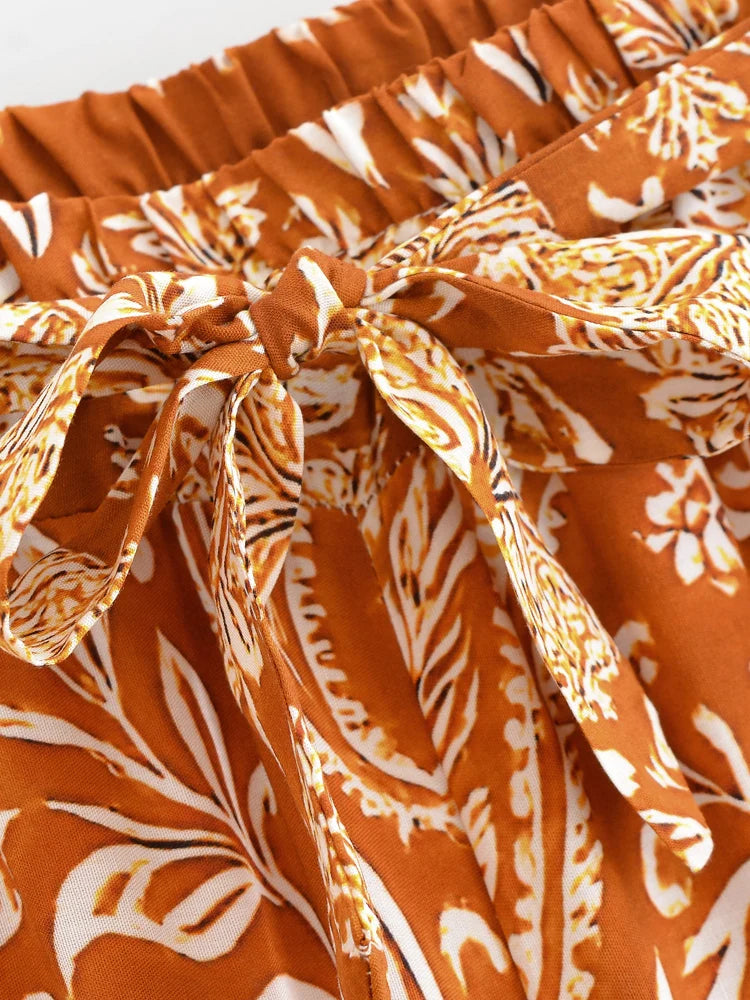 Boho Queens Donna Abiti con stampa floreale marrone Kimono Abito Abiti bohémien Pantaloni a gamba larga 2 pezzi Rayon Boho Set costume da bagno