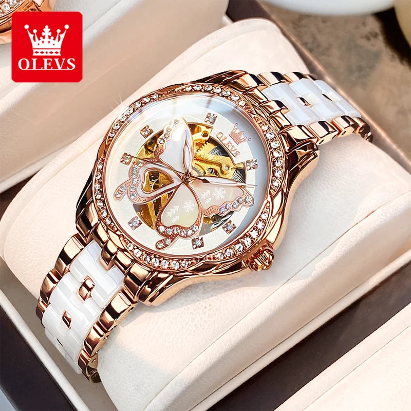 OLEVS 6622 Orologio da donna con quadrante a farfalla Orologio meccanico impermeabile di lusso per donna Orologio da polso automatico con cinturino in ceramica cava