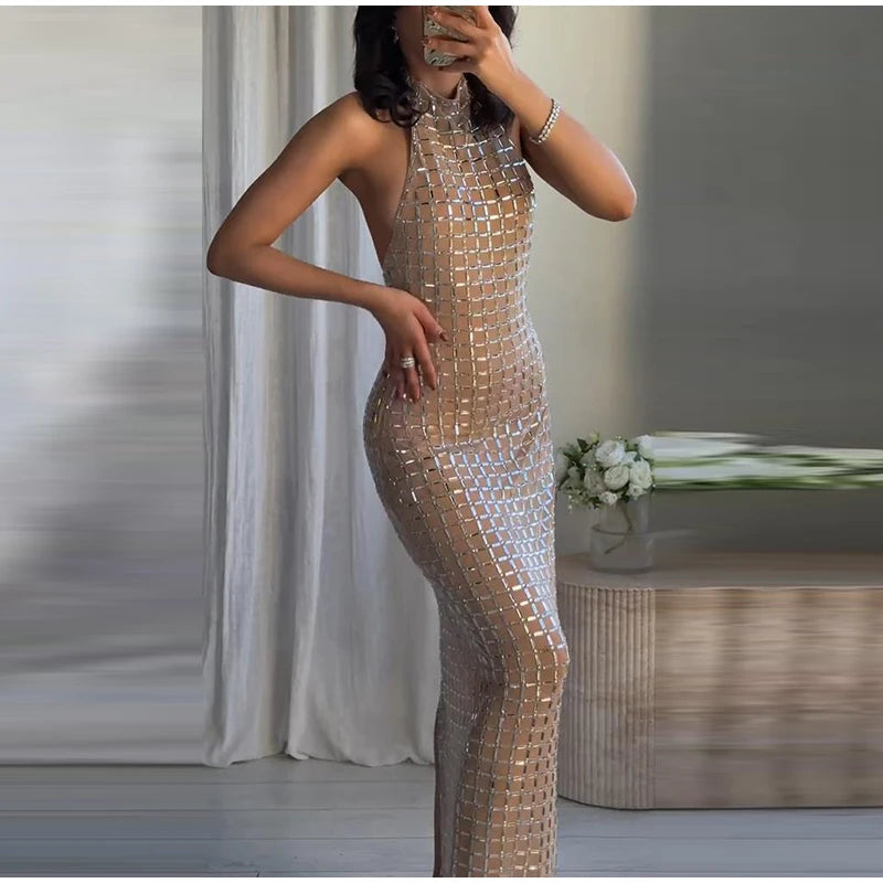 Diamanti di lusso Halter Abito lungo da donna Sexy Slim senza maniche Backless Split Abiti da festa 2026 Primavera Estate Lady Abiti da sera