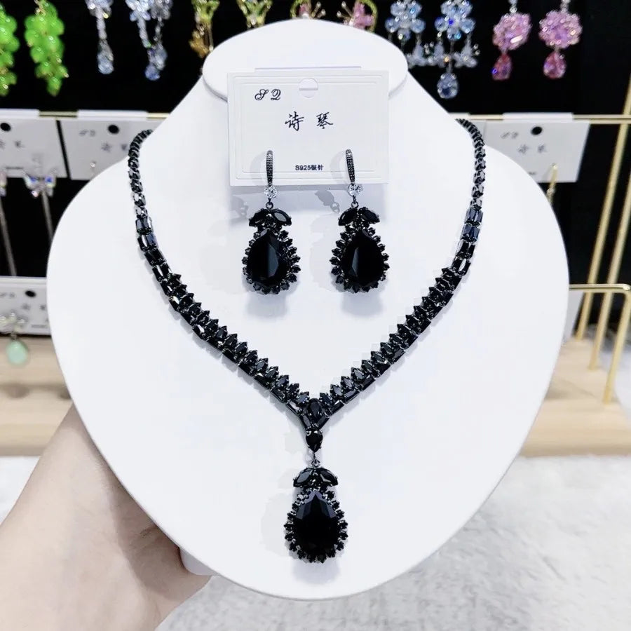 Ensemble Collier Boucles d'Oreilles de Luxe Gouttes Bleues Zircon Tendance Mode Féminine 2025
