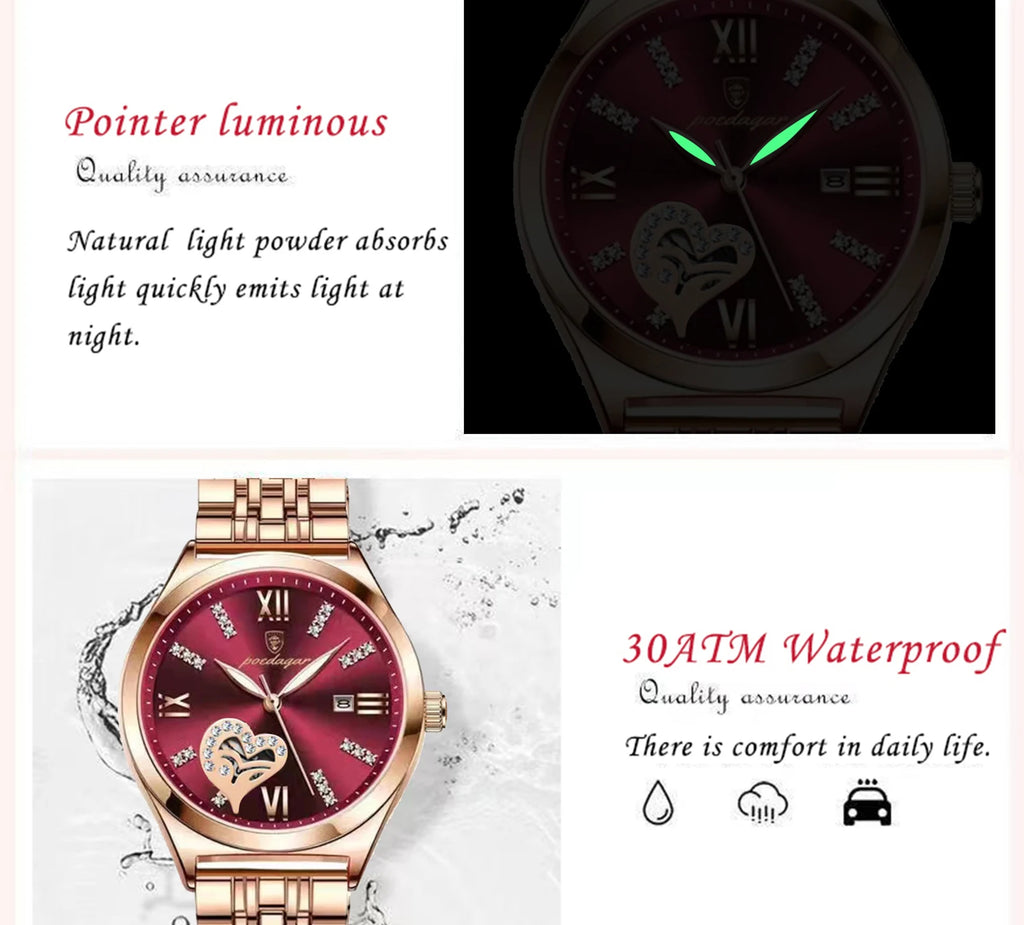 Orologi di lusso POEDAGAR per donna, impermeabili, luminosi, con datario, in acciaio inossidabile, casual, orologio da polso al quarzo da donna.