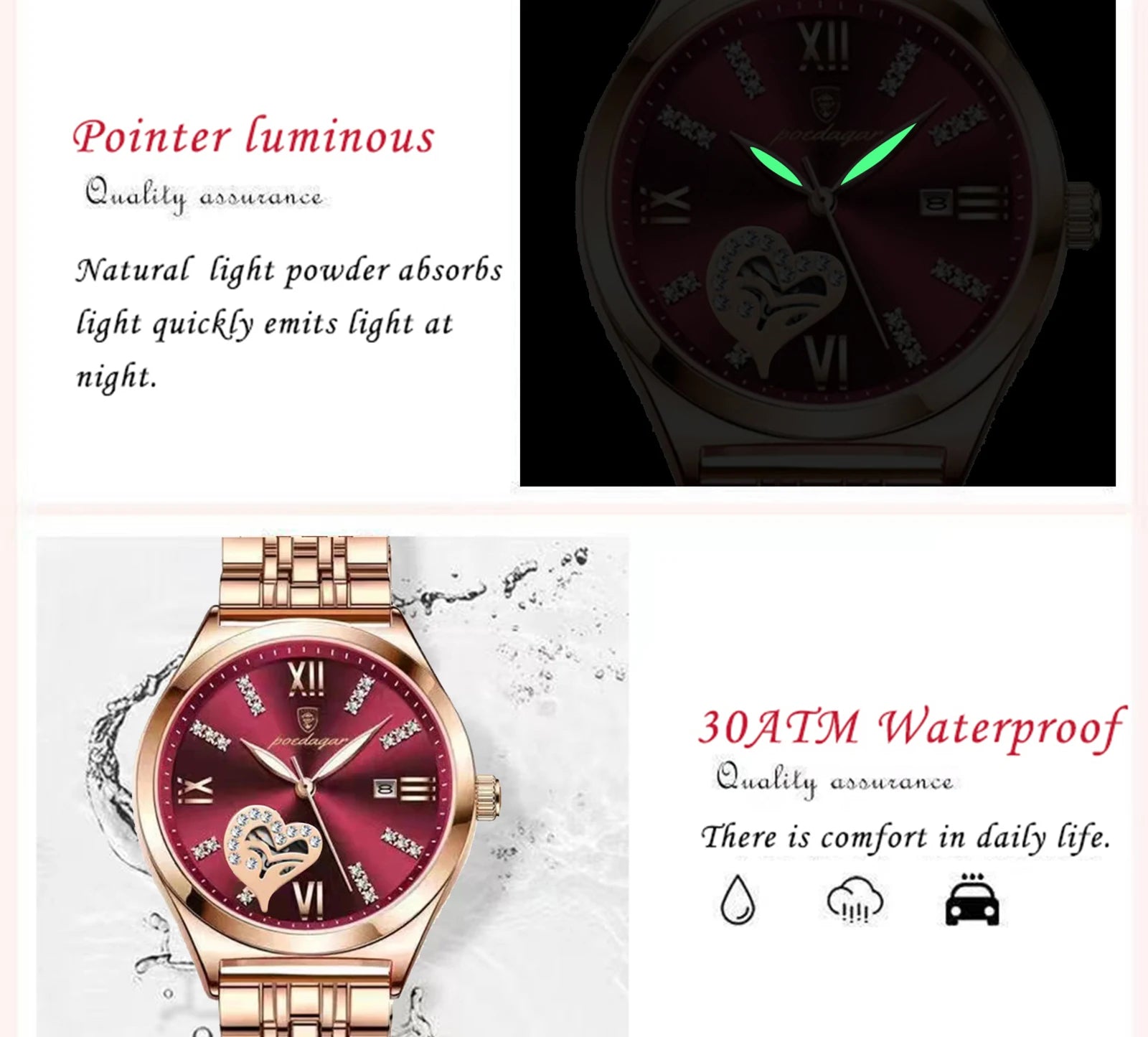 Orologi di lusso POEDAGAR per donna, impermeabili, luminosi, con datario, in acciaio inossidabile, casual, orologio da polso al quarzo da donna.